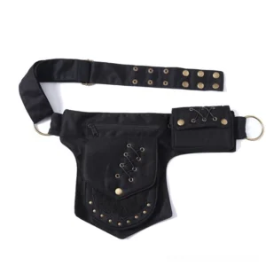 Black steampunk canvas hip bag with lace-up pocket details and antique brass grommets, flat lay top view studio photography