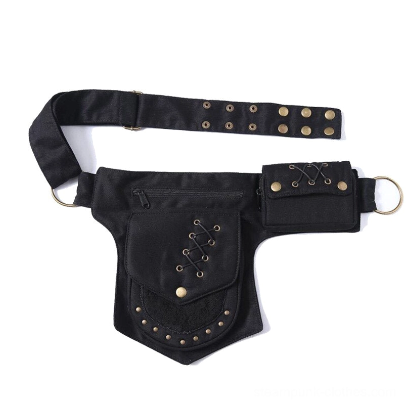 Black steampunk canvas hip bag with lace-up pocket details and antique brass grommets, flat lay top view studio photography