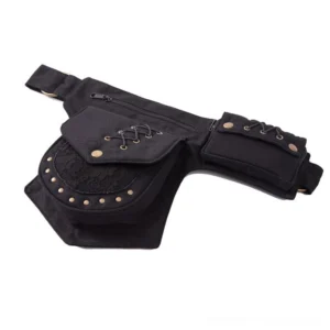 Steampunk multi-pocket canvas waist bag with hand-stitched lace-up accents and solid brass hardware, side view flat lay demonstration