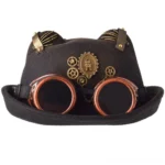 Black steampunk cat ear bowler hat front view with brass gears and copper vintage goggles