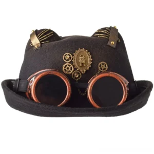 Black steampunk cat ear bowler hat front view with brass gears and copper vintage goggles