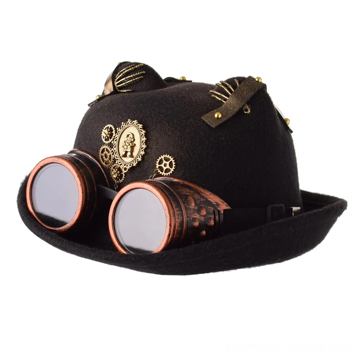 Steampunk cat ear bowler hat front low angle view with black felt and paired copper vintage goggles