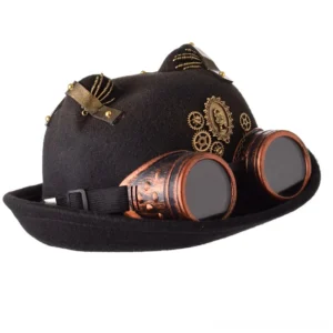 Steampunk cat ear bowler hat rear side view showing leather cat ear straps and partial vintage goggles