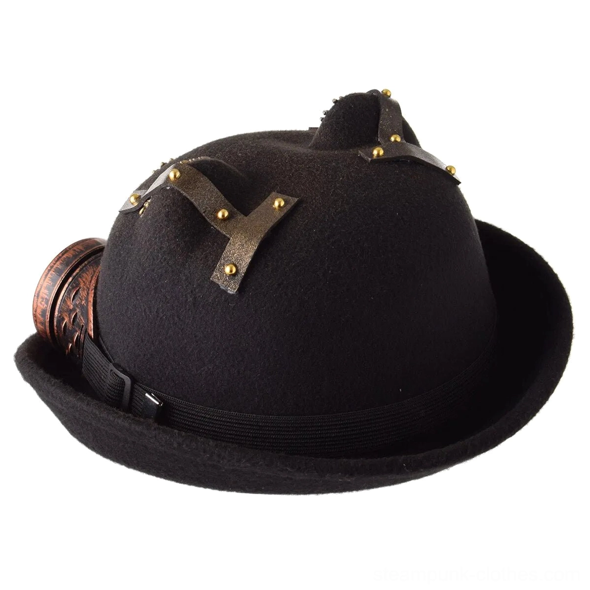 Steampunk cat ear bowler hat side rear view with black felt and leather straps with gold rivets
