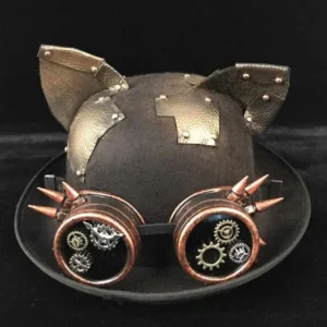 Steampunk cat ears bowler hat with bronze riveted ears and gear-spiked goggles, front three-quarter view on black background