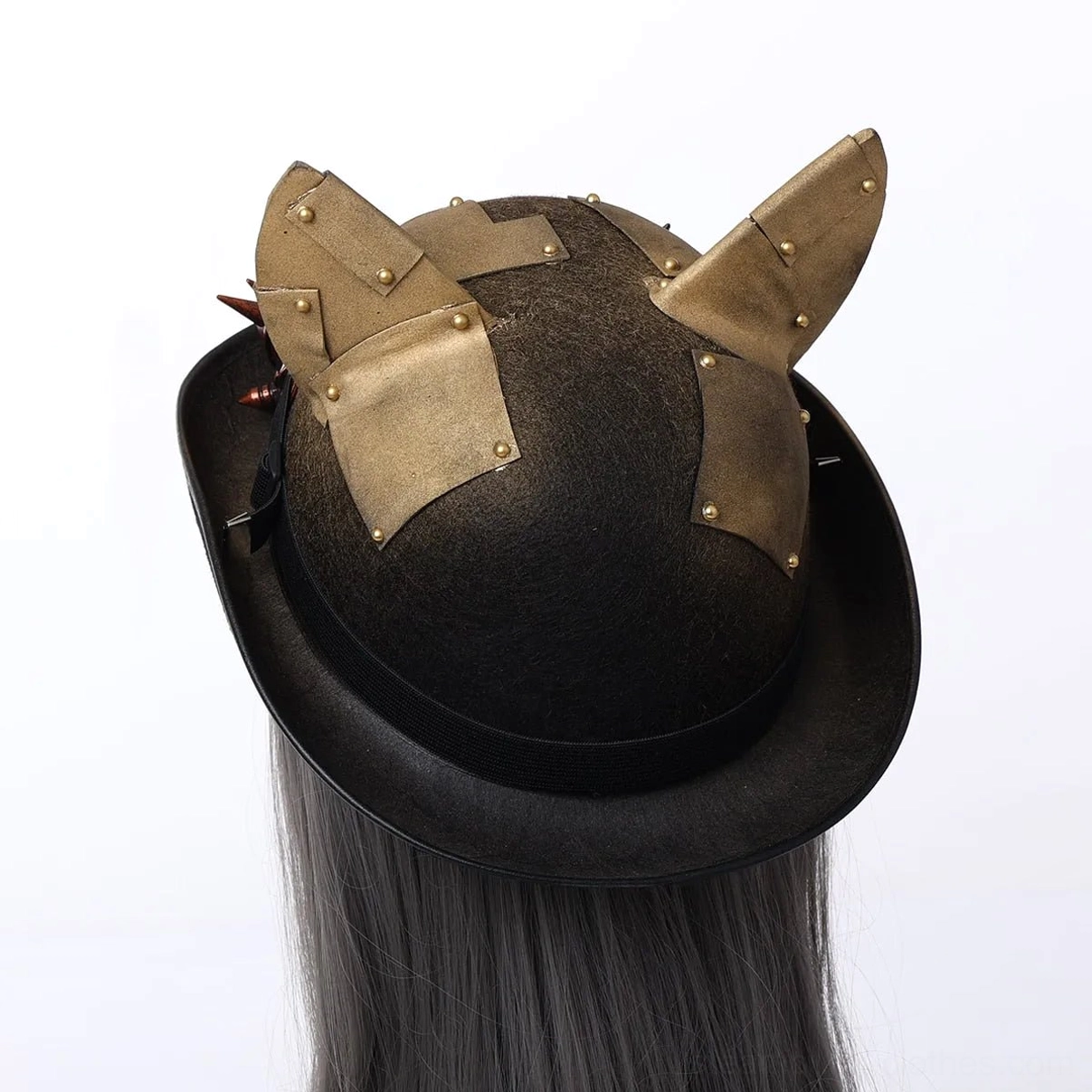 Back view of steampunk cat ears bowler hat showing bronze riveted cat ears and matte black felt construction