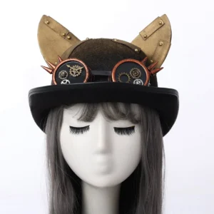 Female model wearing steampunk cat ear bowler hat with integrated gear goggles, demonstrating fit and style, front view
