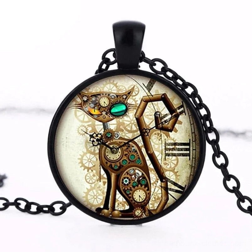 Black steampunk cat pendant necklace with metal frame, glass dome, mechanical clock gears, and green eye against white background