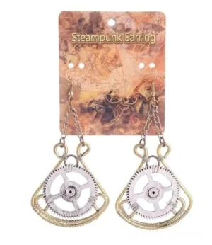 Victorian-inspired steampunk chain dangle earrings with mechanical gear design in mixed metal tones - detailed product shot