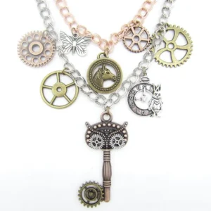 Steampunk double-layer chain necklace flat lay showing rabbit pocket watch pendant and decorative gear charms with rose gold and silver tone chains