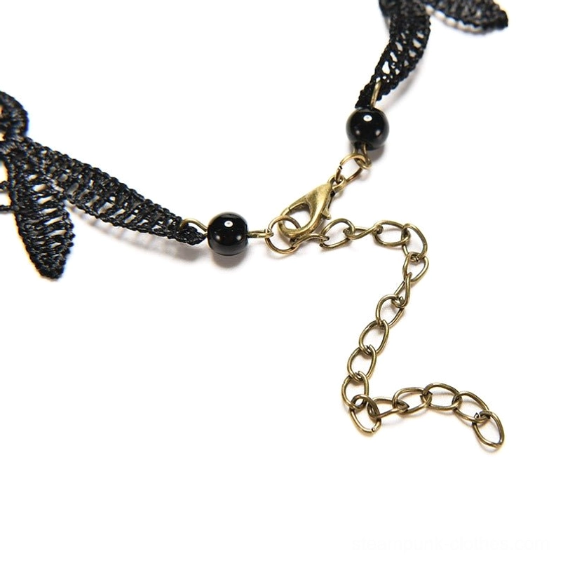 Black lace choker adjustable extension chain with bronze lobster clasp and connector beads side view detail