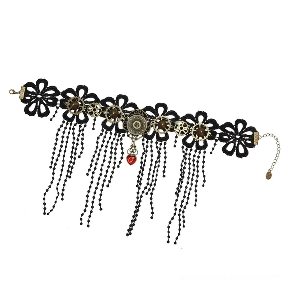 Steampunk lace choker flat lay showing complete adjustable chain strap, bronze gear details, black beaded tassels and red heart pendant