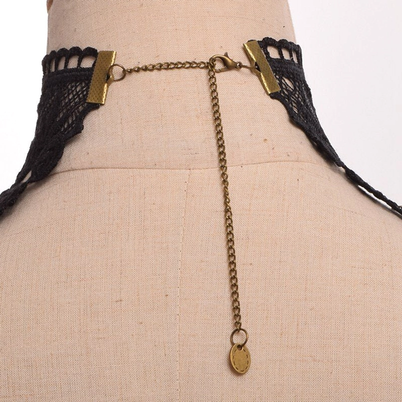 Back view of gothic steampunk choker showing adjustable chain clasp system and lace band construction