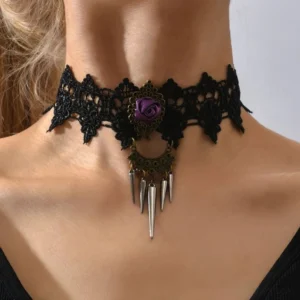 Black lace gothic steampunk choker worn on female model from front, featuring purple rose centerpiece and silver spike pendants against neutral background