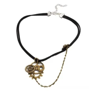 Black suede steampunk choker necklace with stacked vintage brass gear pendant and metal tassel chain on white background - full product view