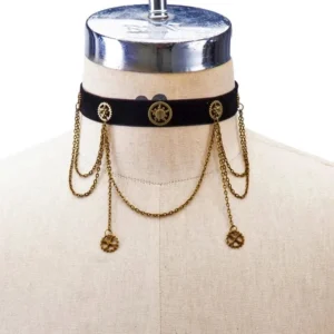 Black velvet steampunk choker with antique bronze gear charms and layered chain pendants featuring central retro medallion - front flat lay on dress form mannequin