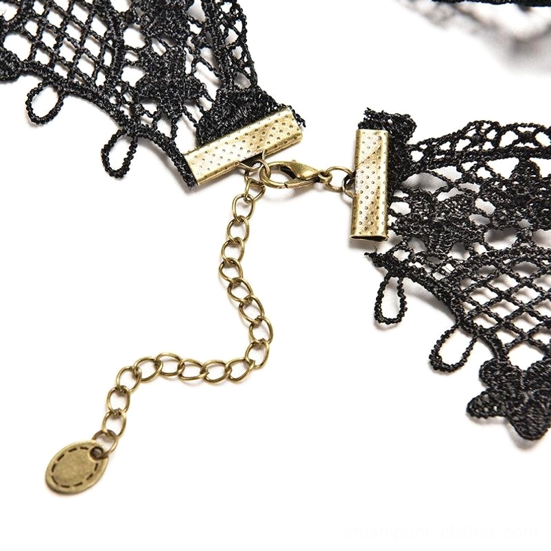 Steampunk choker fastening detail - close-up of black lace, bronze metal clasp, adjustable extension chain with tag and secure closure mechanism