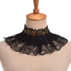 Black lace steampunk choker collar necklace with brass butterfly gear ornament, front close-up view on dress form mannequin
