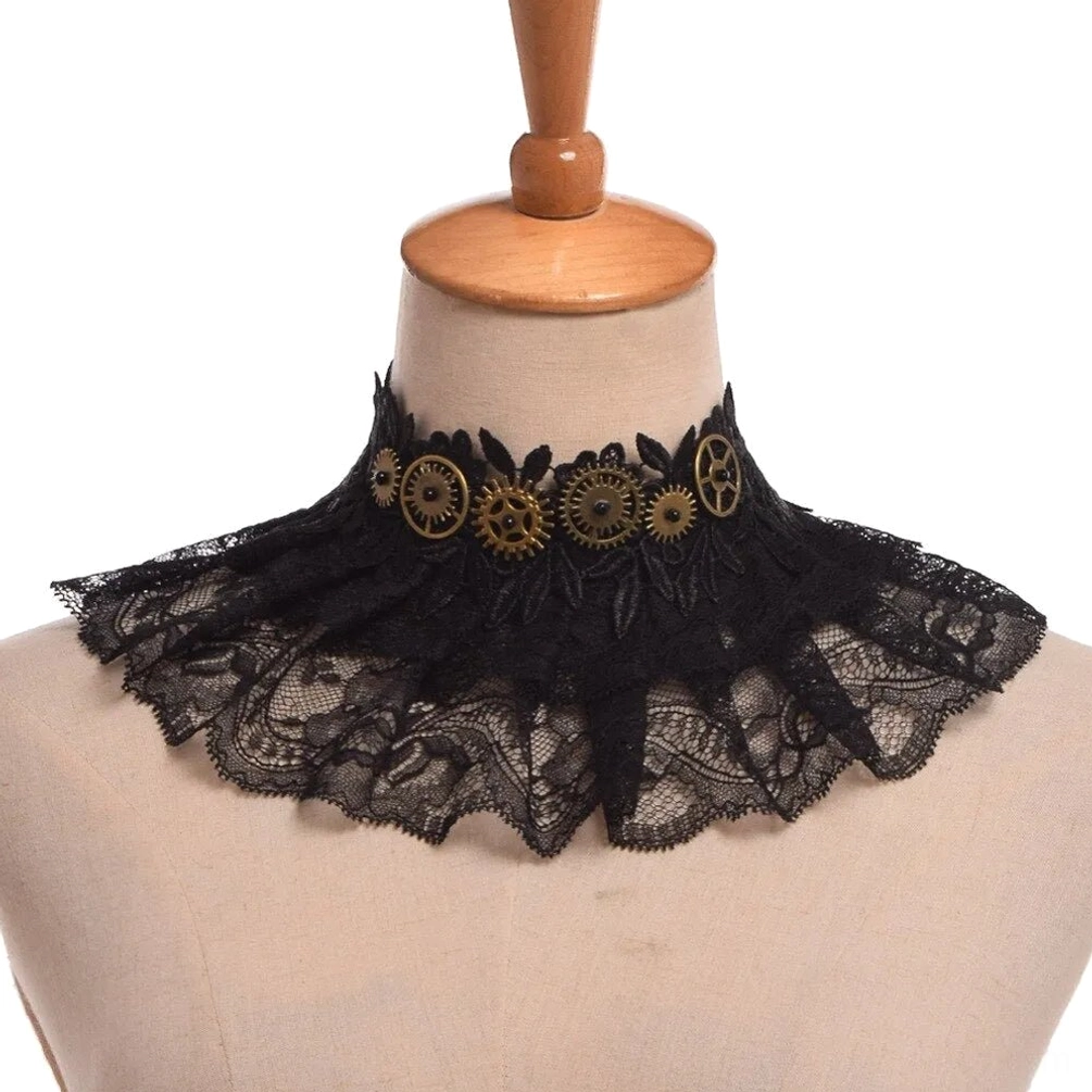 Black lace steampunk choker collar necklace with brass butterfly gear ornament, front close-up view on dress form mannequin