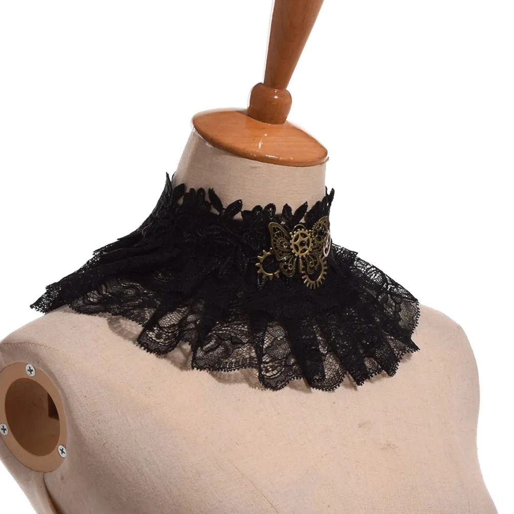 Steampunk lace choker necklace side three-quarter view showing brass gear detail and ruffled lace texture