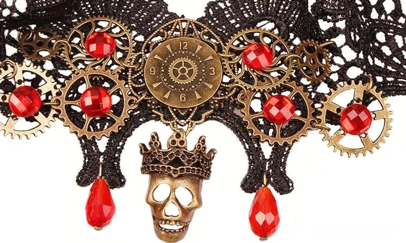 Close-up macro detail of steampunk choker showing intricate black lace, bronze gears, clock face elements, red round gems, and crowned skull charm