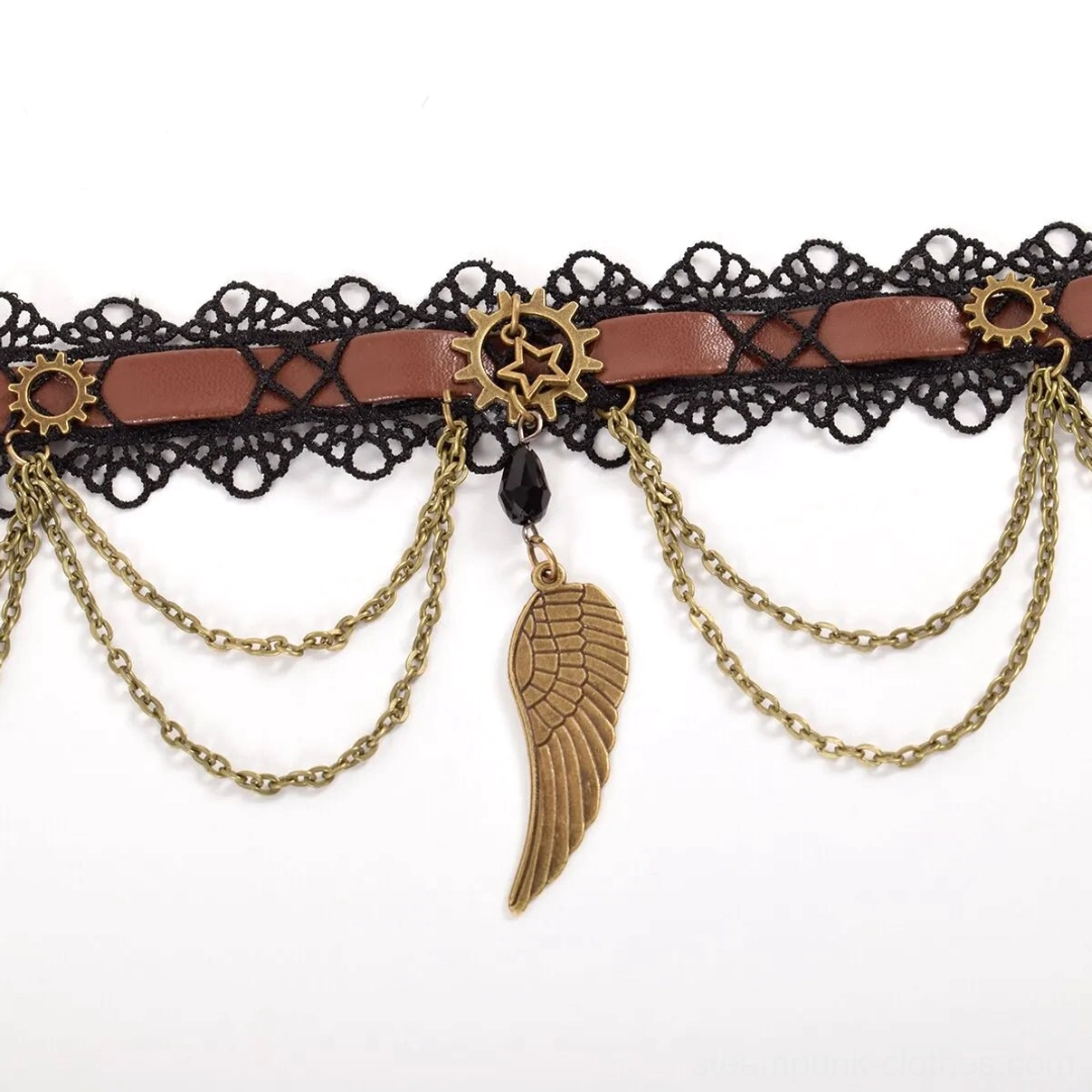 Close-up detail of steampunk choker front with bronze gears black beads and layered wing pendant