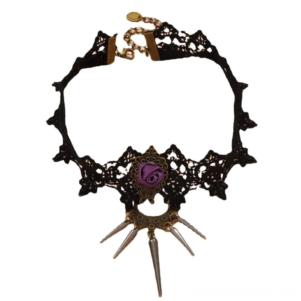 Full product view of black lace steampunk choker displaying adjustable clasp mechanism, purple rose ornament, and multiple silver spike dangles on white background
