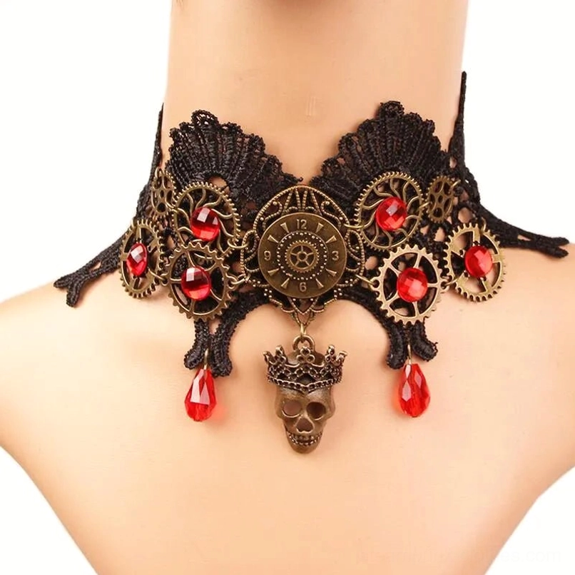 Steampunk black lace choker worn on female mannequin neck displaying front view with bronze ornaments and dangling red teardrop crystals