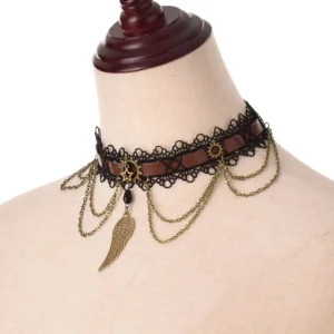Steampunk lace choker three-quarter view showing draped chain tassels and side profile of wing pendant