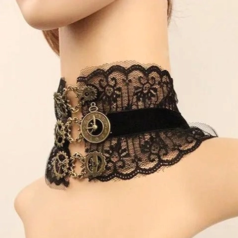 Victorian steampunk choker side view showing ruffled black lace and bronze steampunk accents on mannequin