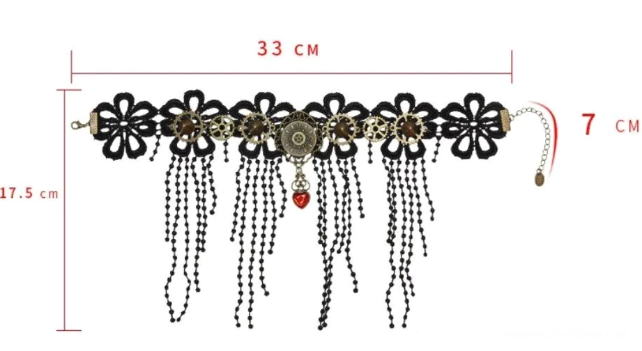 Steampunk lace choker technical measurement diagram showing 33cm total length and 17.5cm drop with floral lace design and red heart pendant