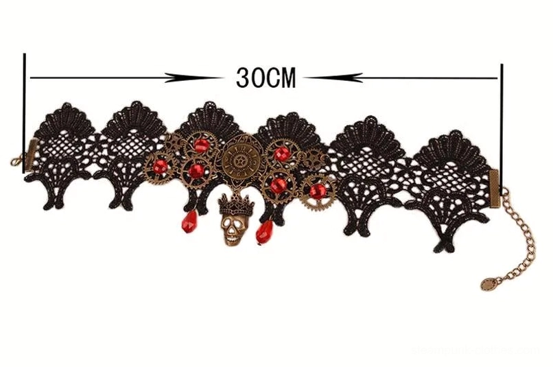 Steampunk lace choker size specification overhead flat lay with measurement marker showing bronze-red decorative set and adjustable chain