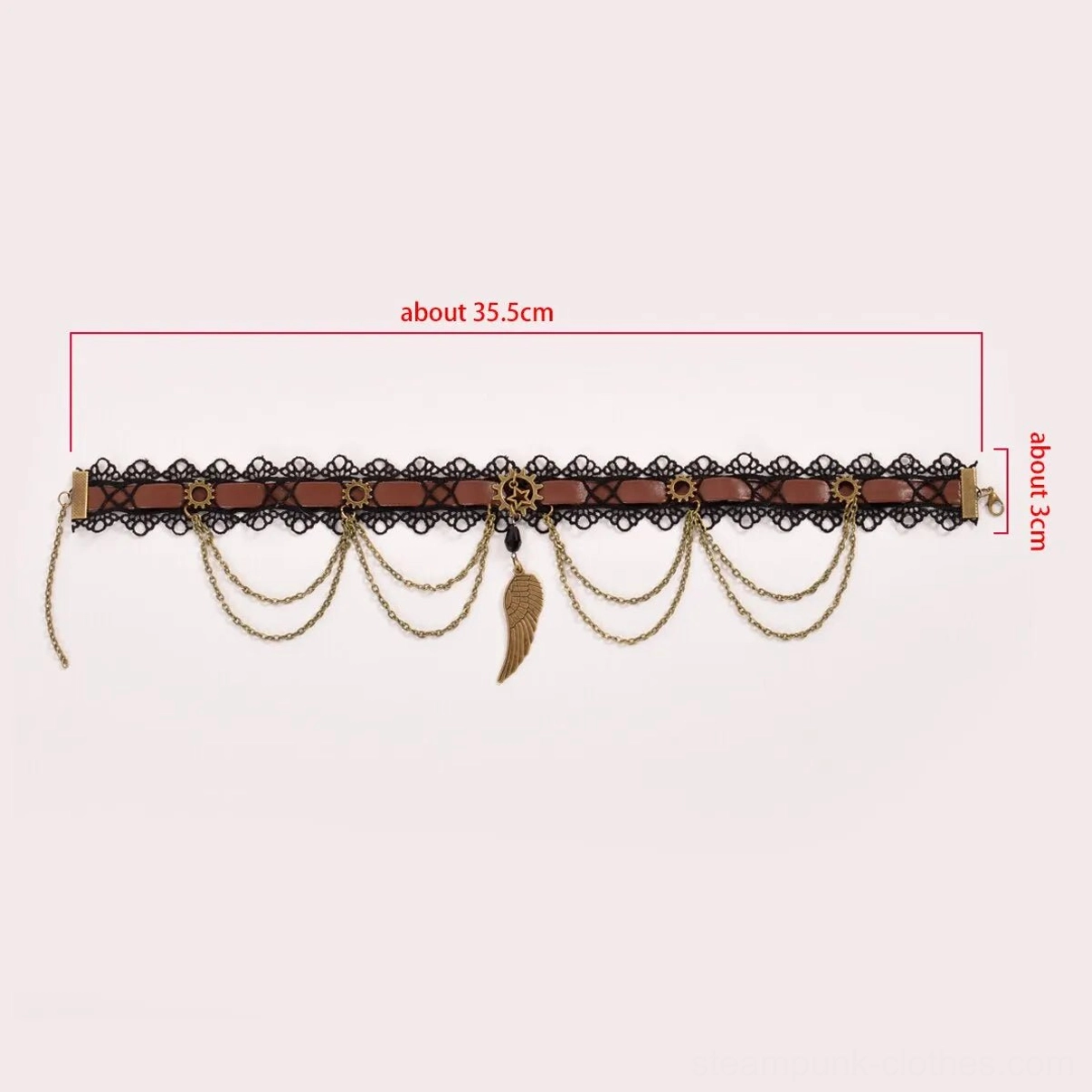 Steampunk choker flat lay showing full length measurement and width specifications with complete front layout