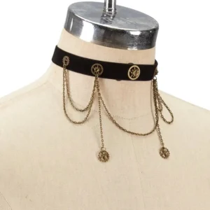 Steampunk necklace choker showcasing symmetrical layered chains and vintage-inspired central medallion with antique bronze hardware on black velvet band