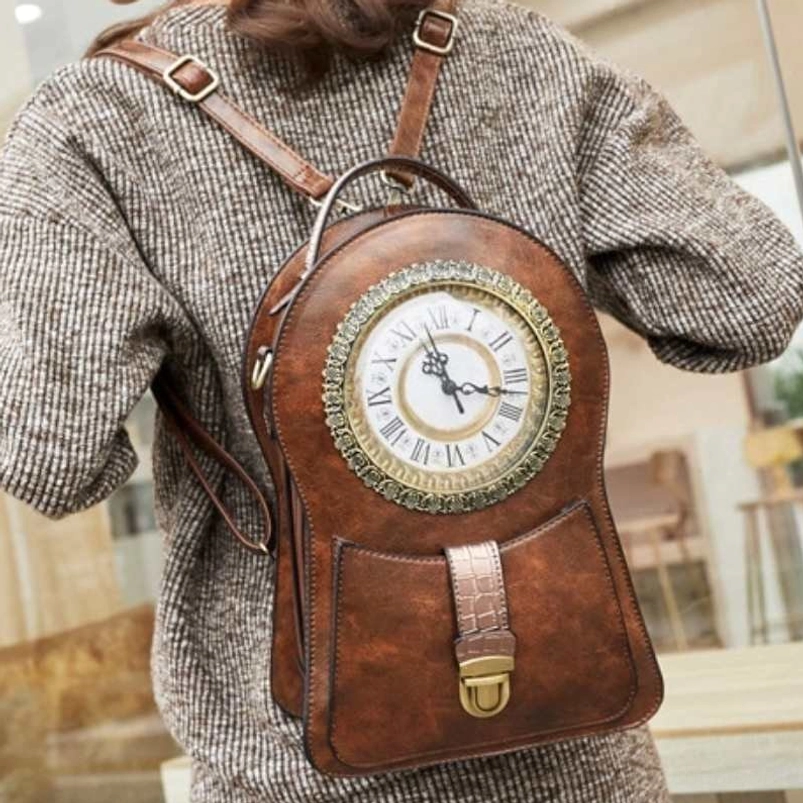 Steampunk clock bag worn on model back view showcasing vintage brown leather, functional clock face design, and authentic crossbody carry style