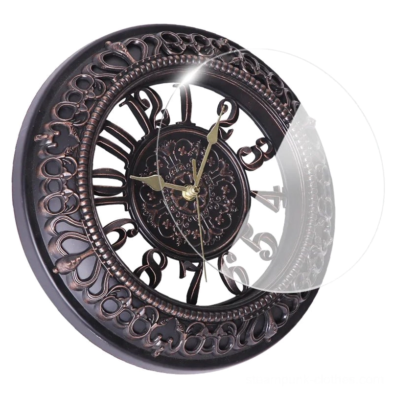 Steampunk wall clock close-up showing dark bronze carved frame detail, gold clock hands, hollowed numeral scale design, and vintage embossed dial center