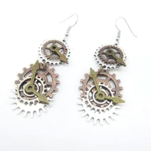 Steampunk clock gear dangle earrings with layered mechanical design in mixed metallic finish, front view on white background