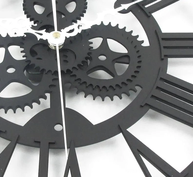 Close-up detailed view of steampunk clock gear set showing black metal gears with silver central hub and white clock hands