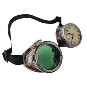 Steampunk clock goggles front view showcasing black elastic adjustable strap, aged silver frame, ornate Roman numeral clock motif, and mechanical design details against white background