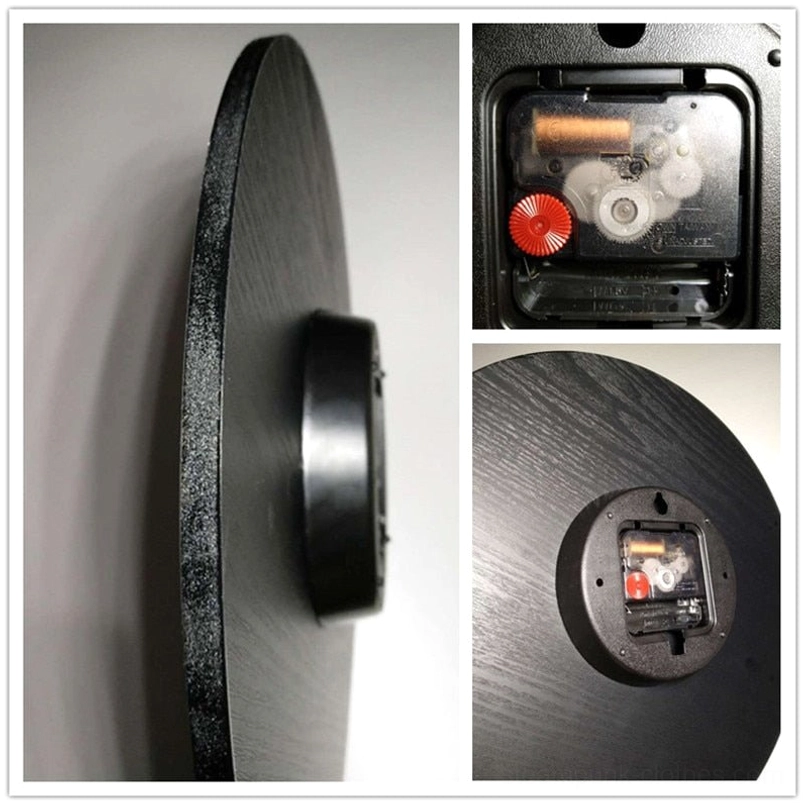 Steampunk clock rear detail featuring matte black wooden backing, quartz movement mechanism, and wall mounting hardware