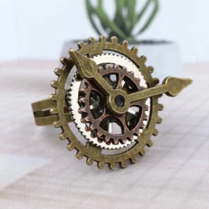 Steampunk clock ring side profile highlighting open adjustable band structure and layered gear details in mixed metal tones
