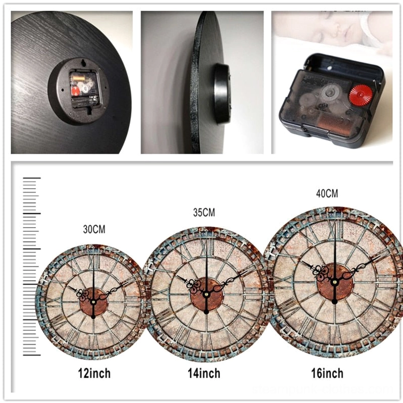 Steampunk wall clock size comparison showing 30cm 35cm and 40cm diameter options with detailed rear and movement component views