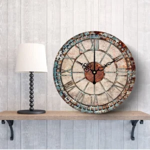 Industrial steampunk clock three-quarter angle showing depth of distressed finish and details on floating shelf with vintage aesthetic styling