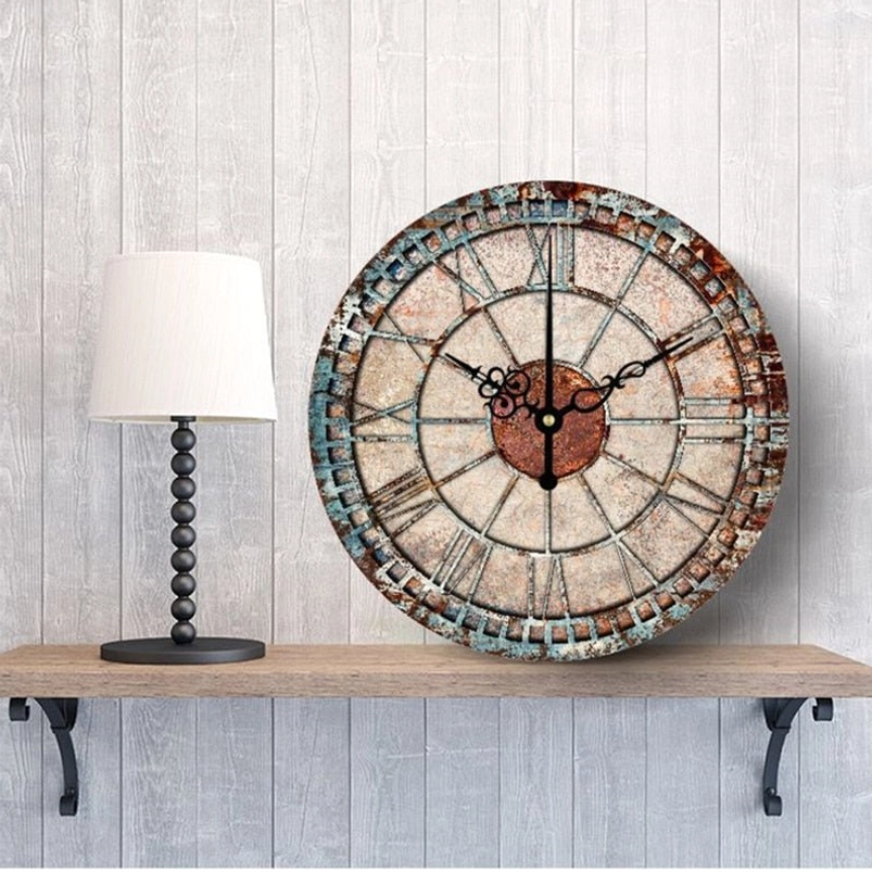 Industrial steampunk clock three-quarter angle showing depth of distressed finish and details on floating shelf with vintage aesthetic styling