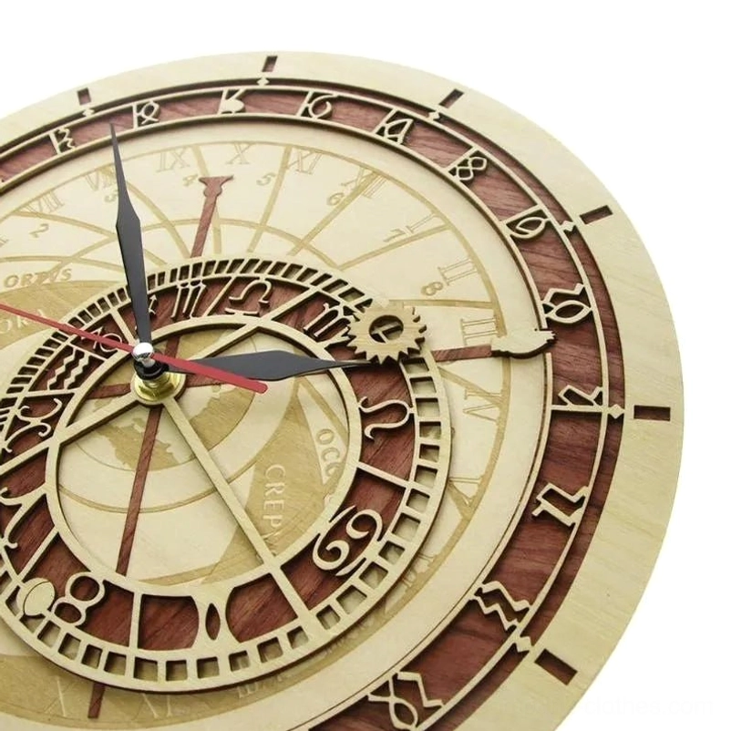 Detailed view of steampunk astronomical clock face featuring black hour and minute hands, red second hand, mixed wood tones, and engraved zodiac symbols with astrological markers