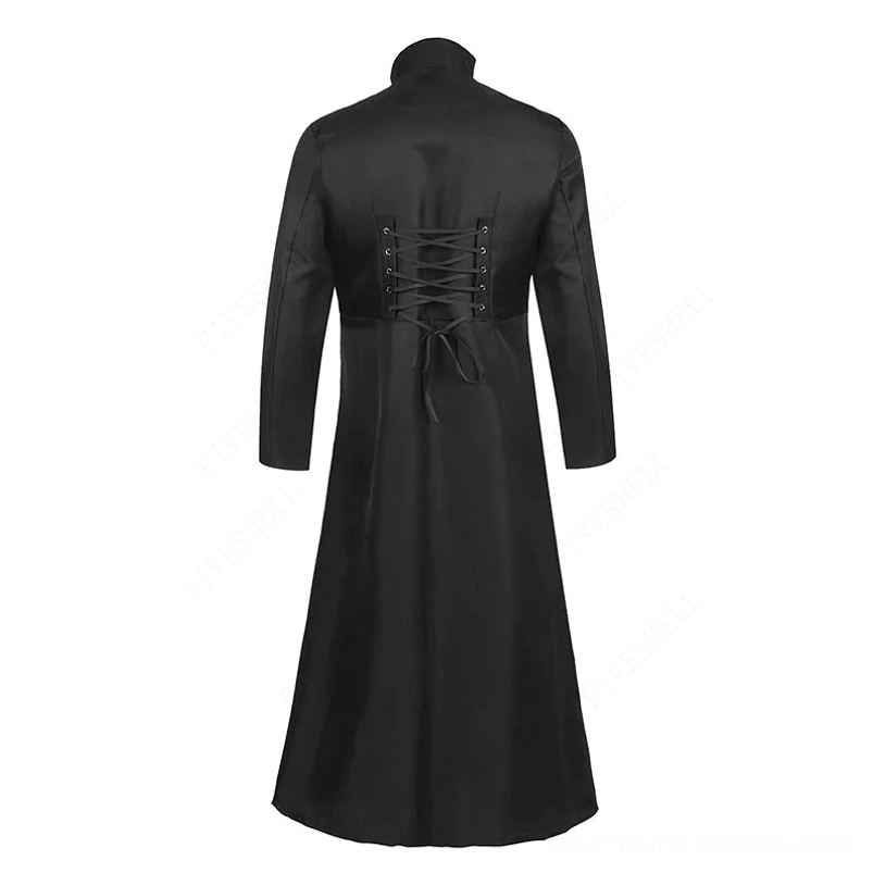 Black steampunk coat rear mannequin view highlighting lace-up back construction and Victorian corset styling
