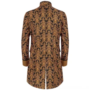 Gold black jacquard damask steampunk coat back view on mannequin, showcasing center rear slit and stand collar detail