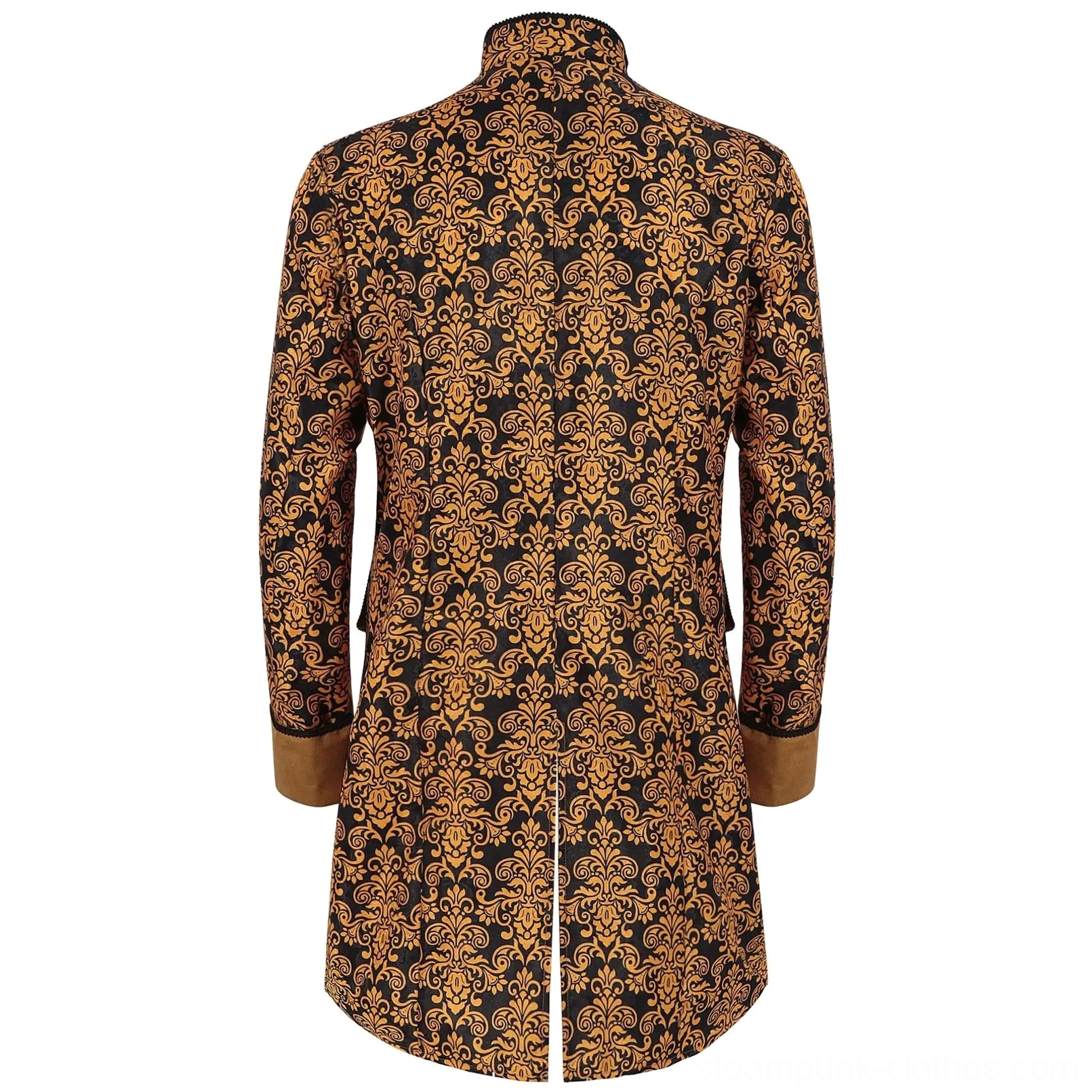Gold black jacquard damask steampunk coat back view on mannequin, showcasing center rear slit and stand collar detail