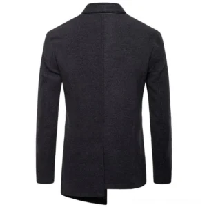 Men's steampunk wool coat - rear back view showing clean asymmetrical hem and collar trim detail