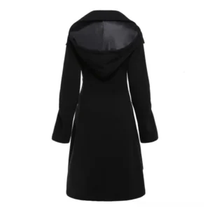 Back view of asymmetrical steampunk coat featuring attached hood and satin inner lining